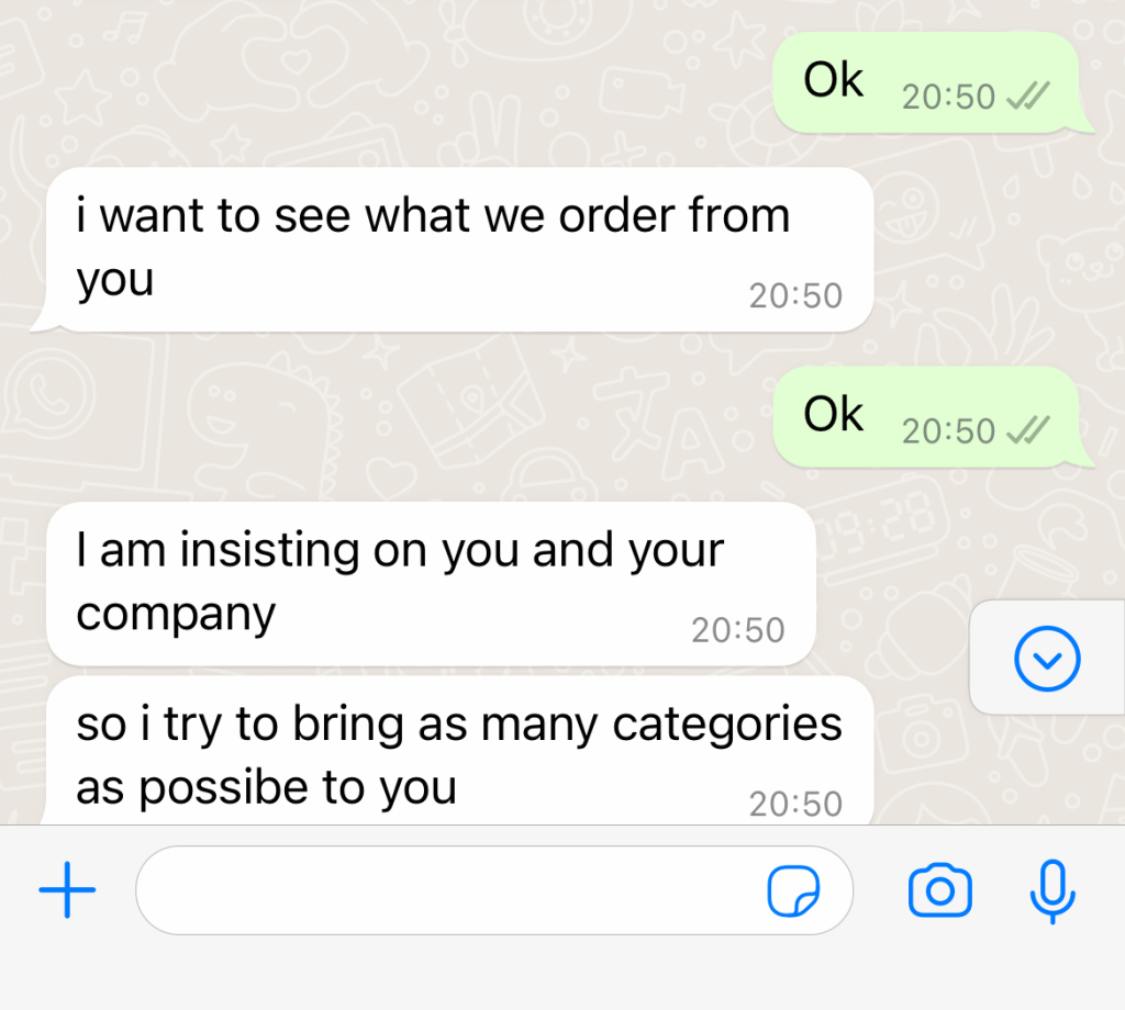 Buyer message screenshot from A DIY tools buyer in Europe