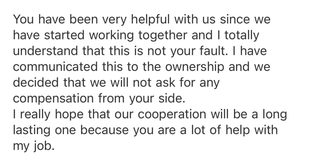 Buyer message screenshot from An online-store retailer in Europe