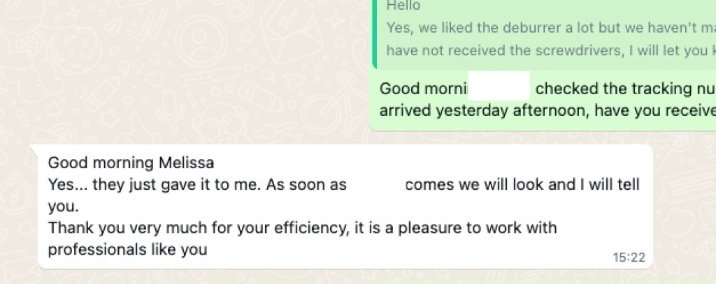 Buyer message screenshot from A second online retailer note from Western Europe