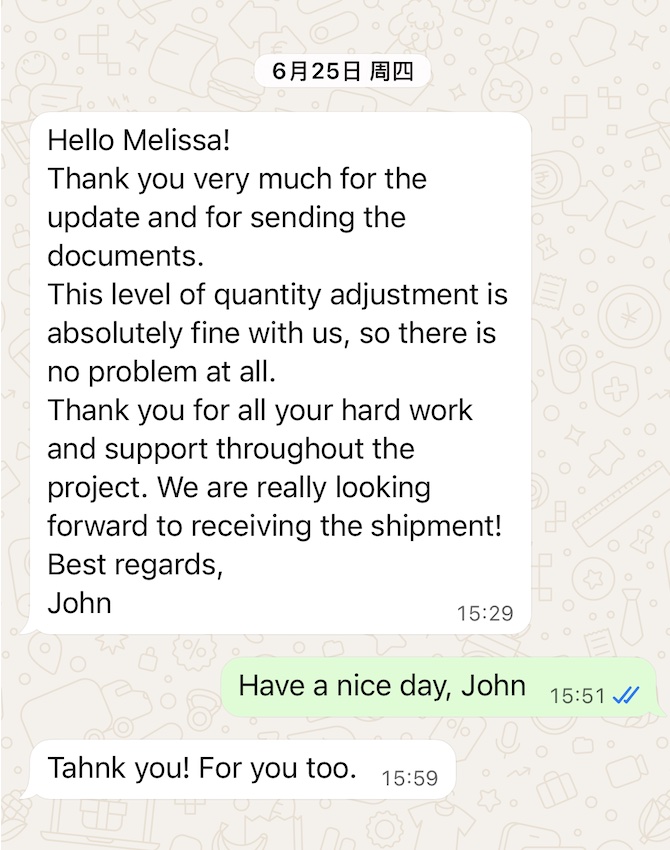 Buyer message screenshot from A buyer in Eastern Europe