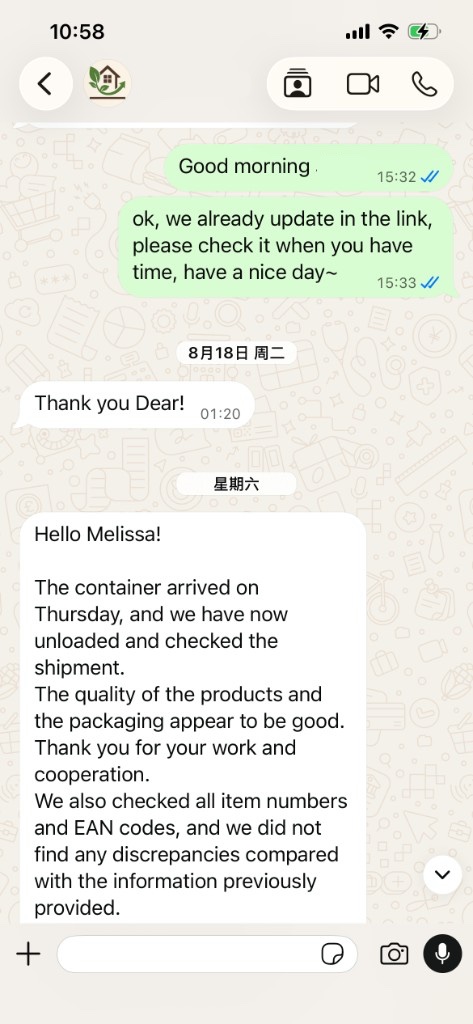 Buyer message screenshot from A buyer after receiving a shipment