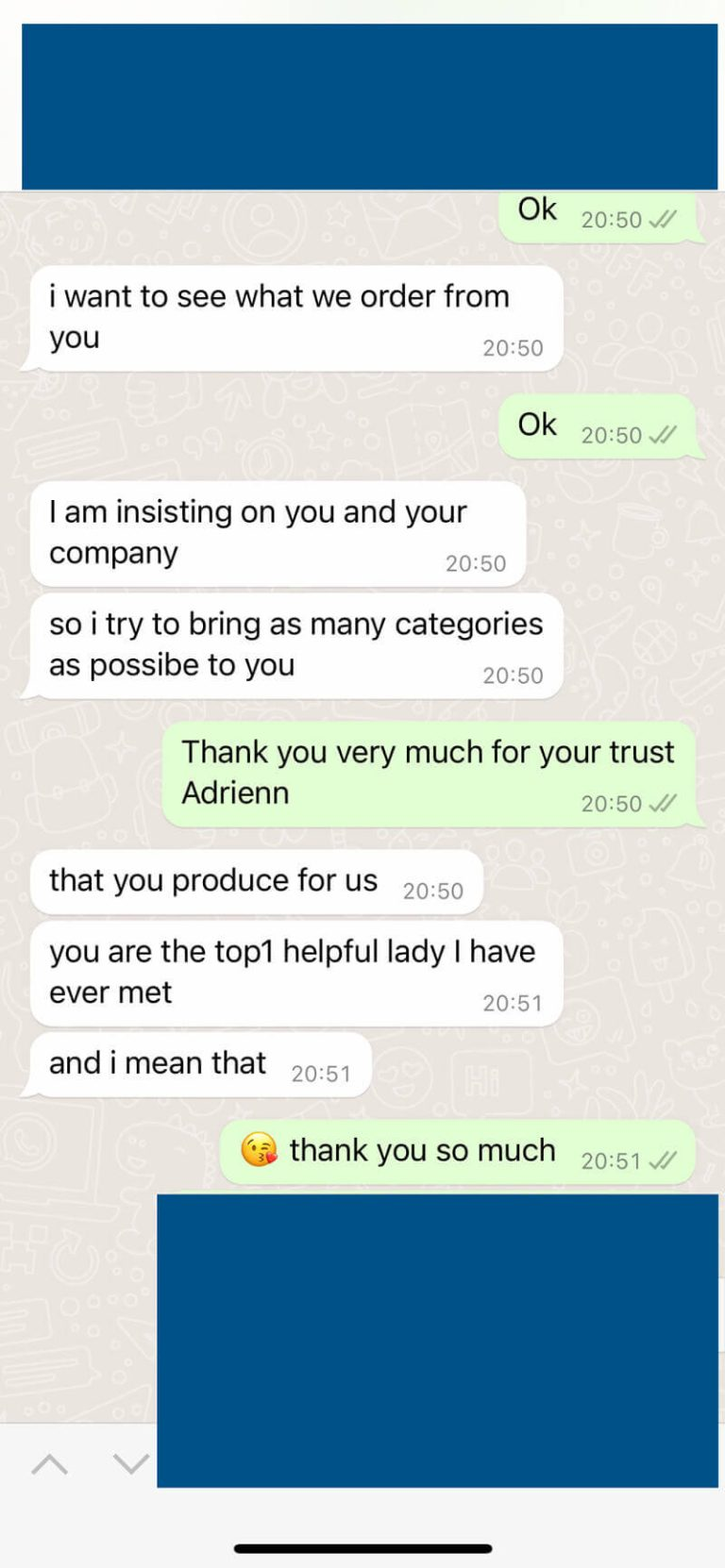 WhatsApp message from a European online-store buyer about adding more product categories
