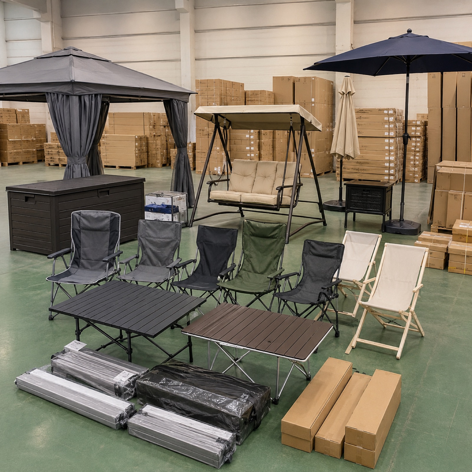 YUFEI warehouse display with outdoor furniture, gazebos, folding chairs, tables and packed cartons