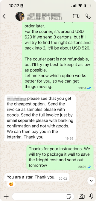 Buyer message screenshot from A wholesaler from South Africa